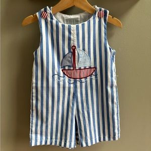 NWT Lil Cactus Blue & White Stripe Sailboat Appliqué Shortall